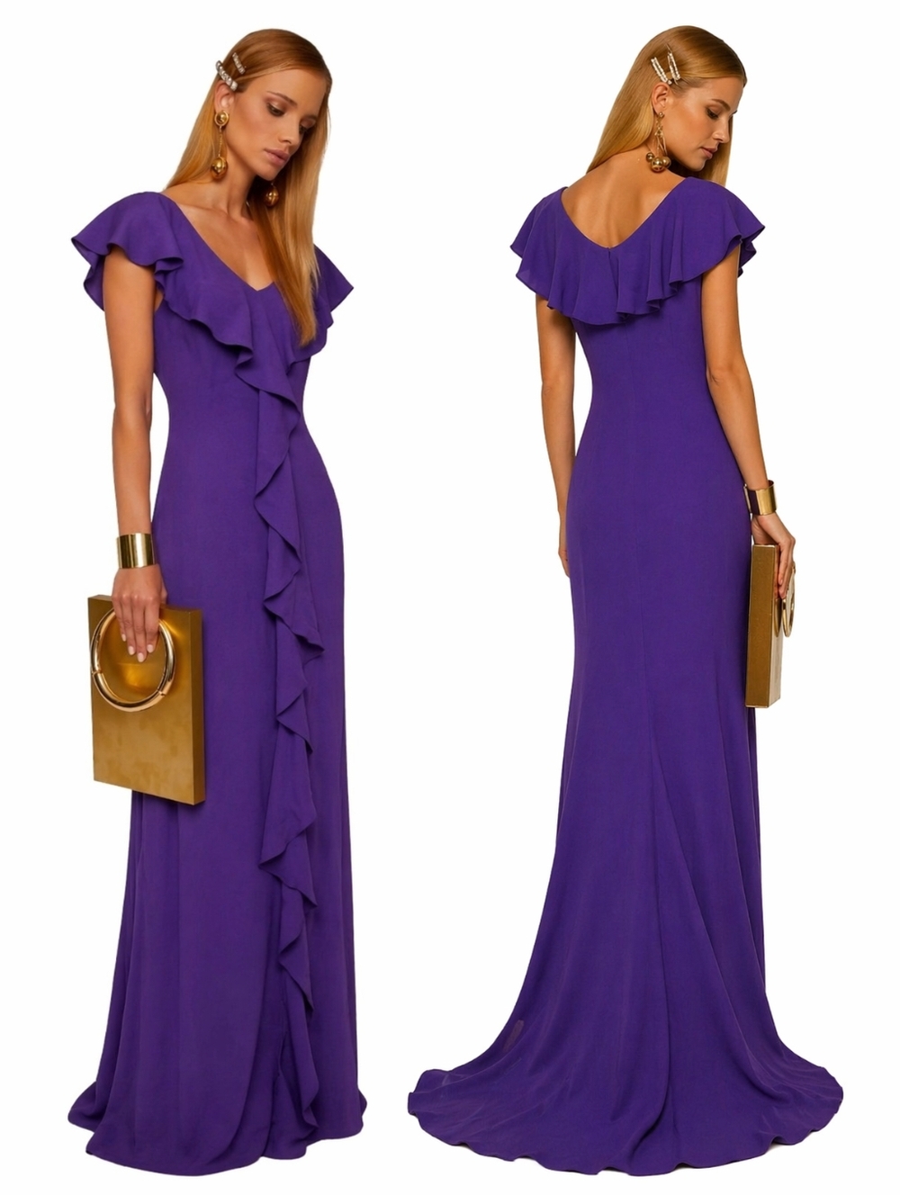 NWT Escada Formal Purple Silk Ruffle Front Maxi Gown